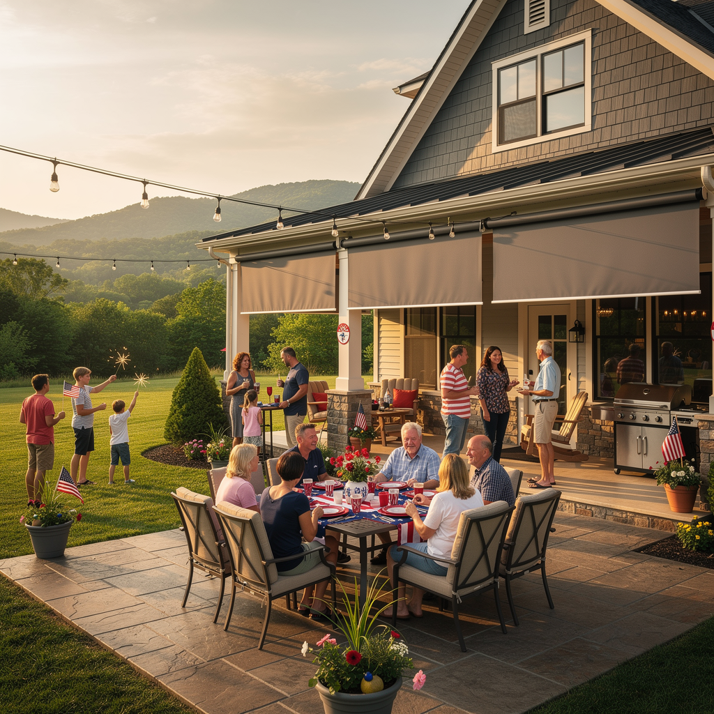 People dining on a patio with exterior patio shades beside a house at sunset, with children playing on the lawn.