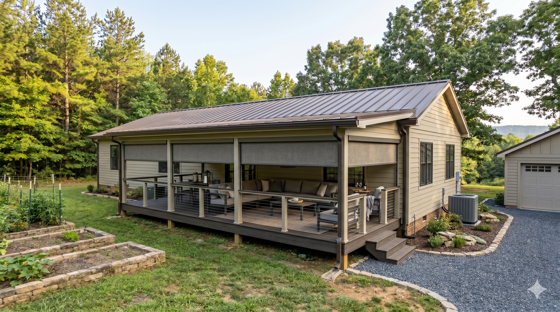 Rustic covered patio with exterior patio shades beside a stone house, with a gravel path and wooded yard.