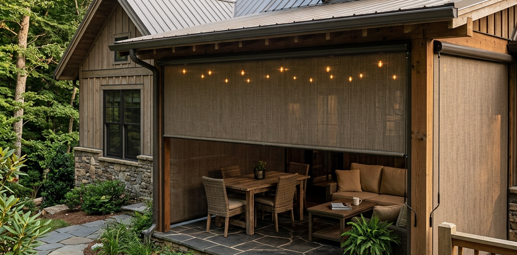 Wooded cabin patio with outdoor dining area and woven patio shade, overlooking mountain views