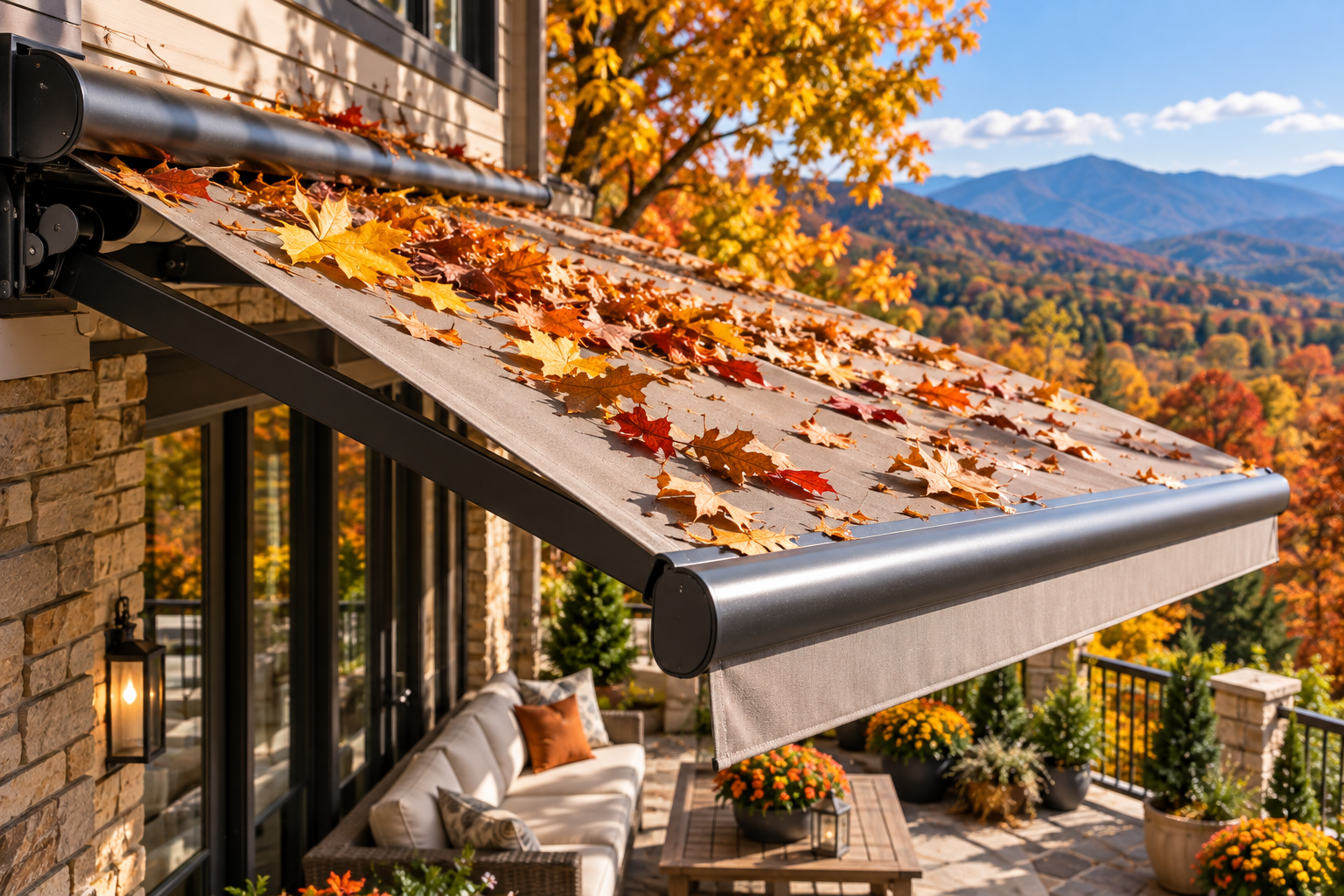 Covered stone patio with autumn leaves, outdoor seating ith retractable awning, and mountain views in warm fall colors