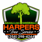 Harpers Tree Service logo with green tree, orange text, and phone number (256) 298-4244