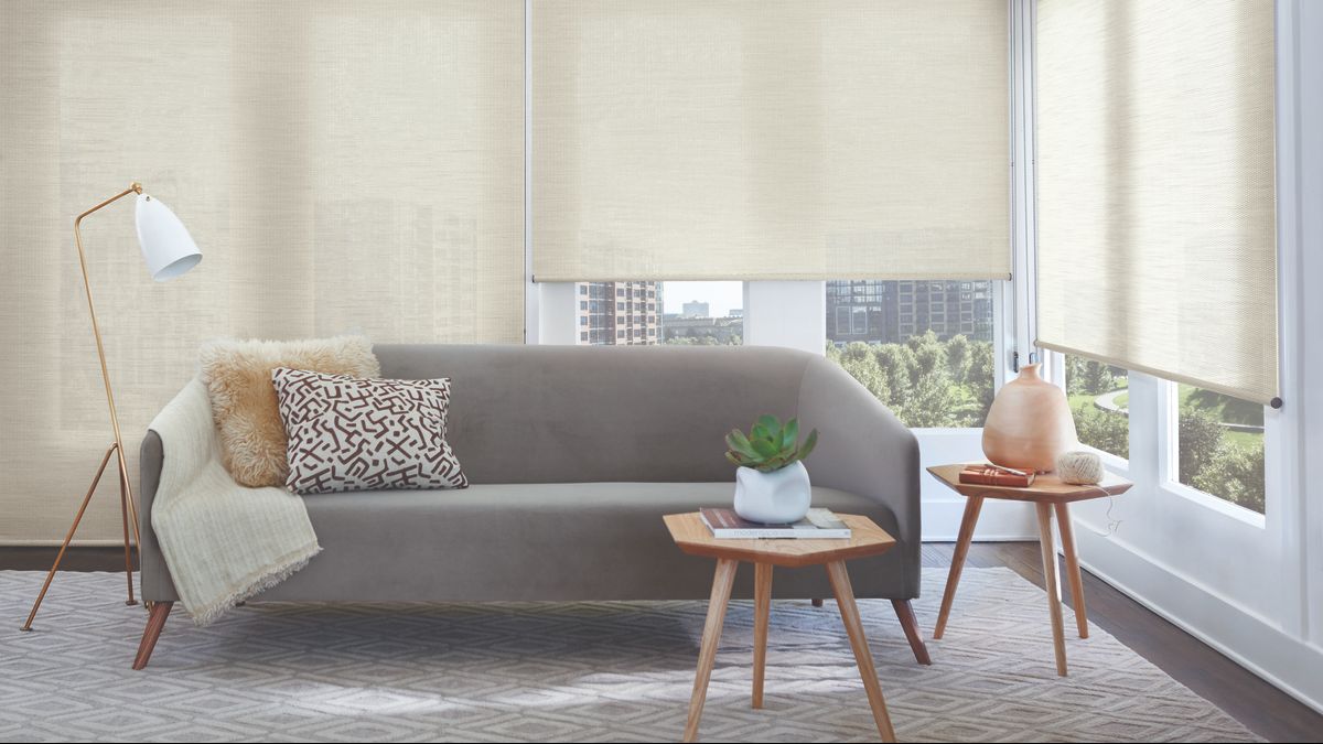 Alustra® woven wood shades in modern living room with natural light