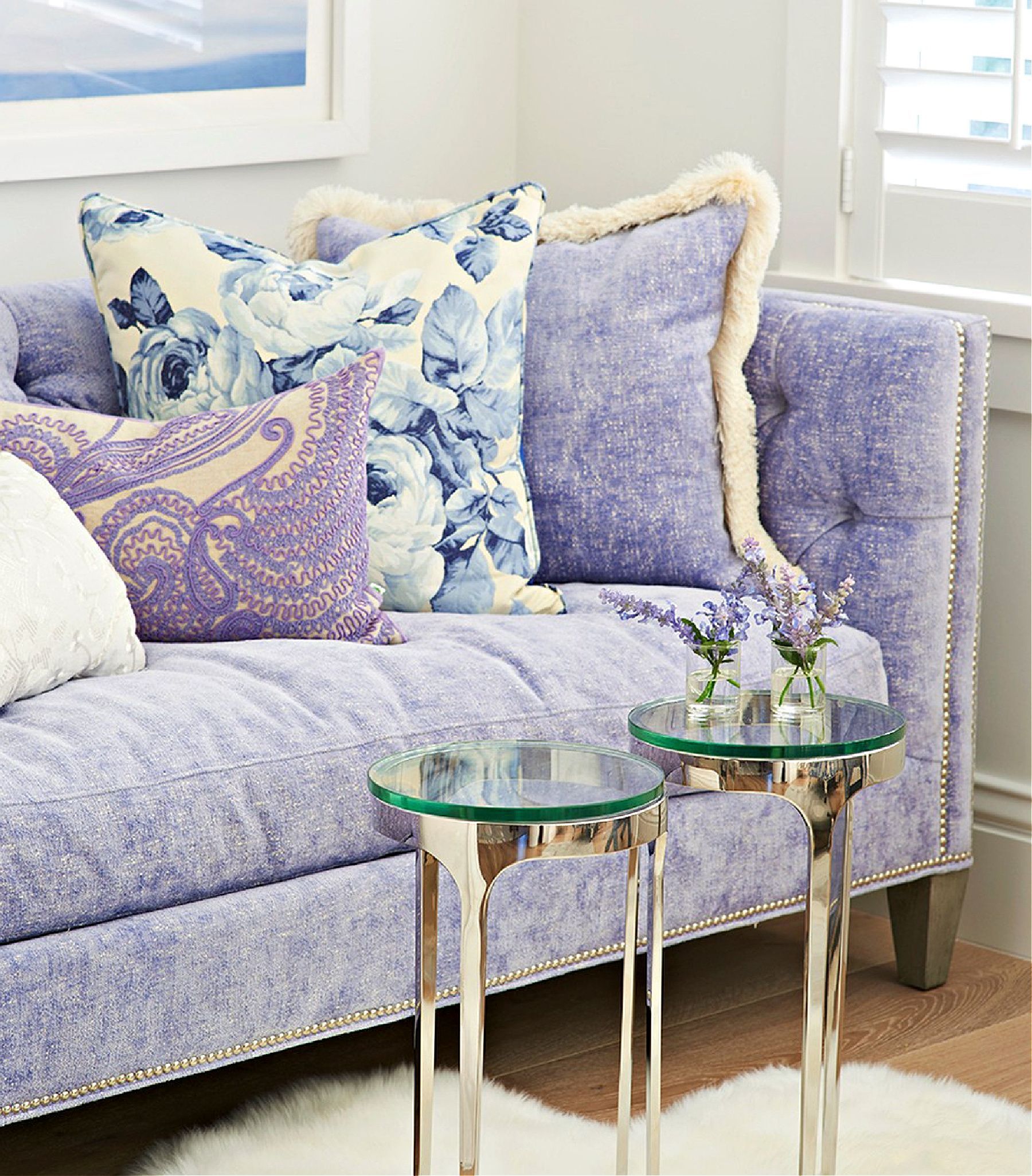Pastel purple sitting room in Lambertville, New Jersey, designed by J Bradwells Home & Design