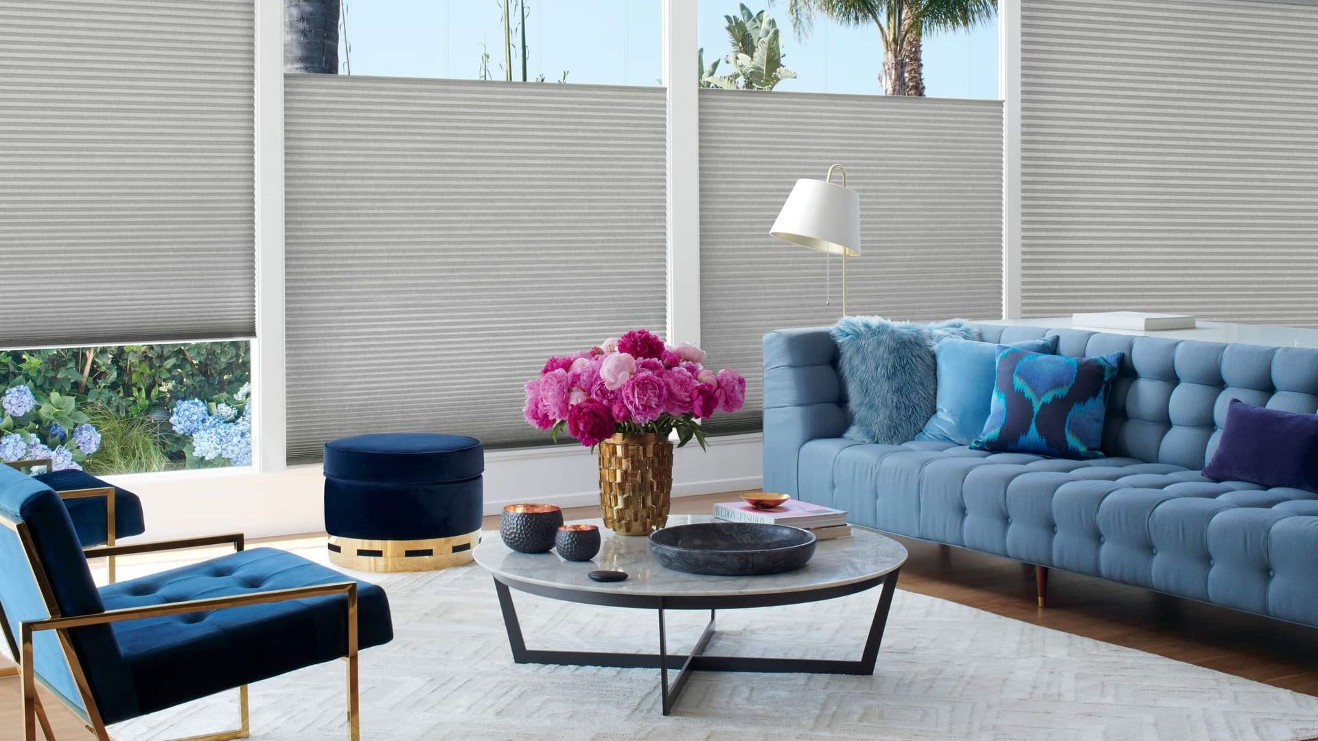 Energy Efficient Duette Honeycomb Shades in a modern living room window
