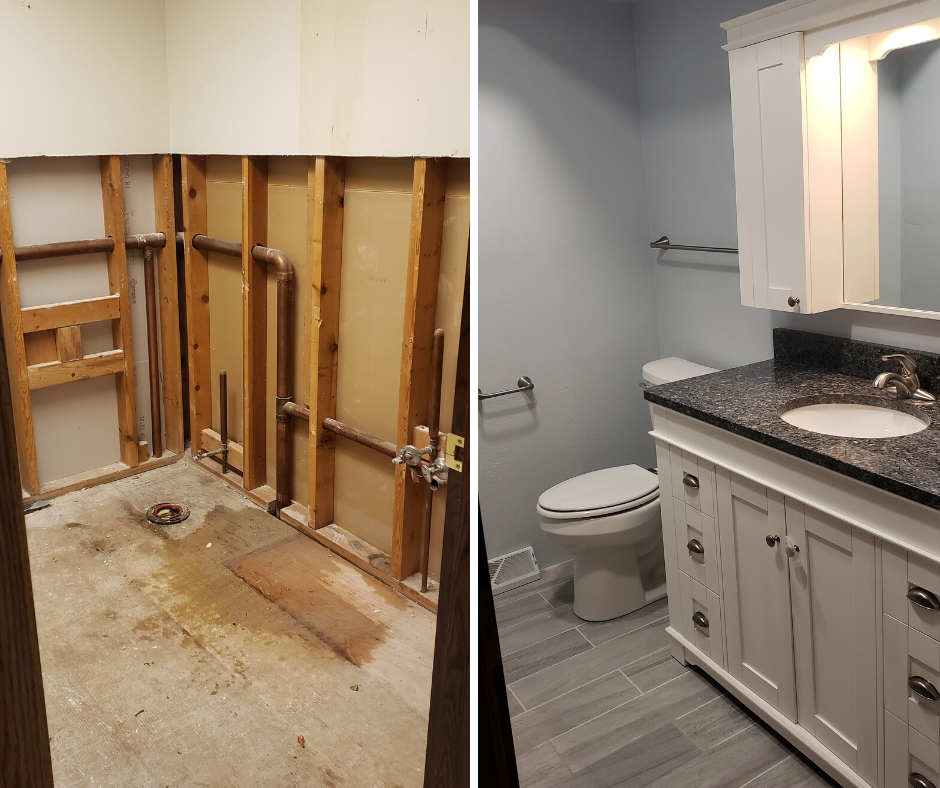 A before and after picture of a bathroom with a sink and toilet.