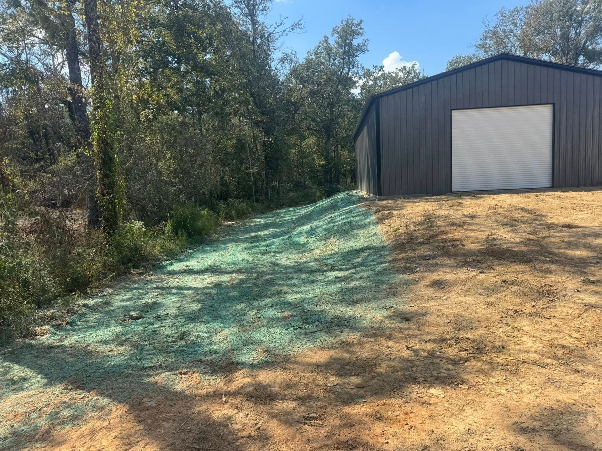 Gravel driveway beside trees leading to a gray metal garage with a white door on a sunny day