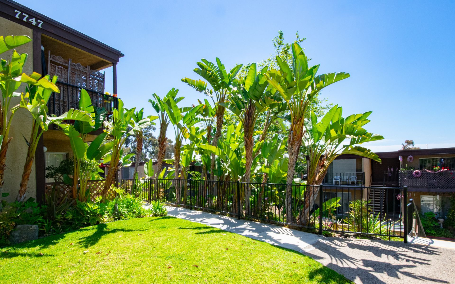 Apartment building exterior with lush green plants, walkway, and blue sky.