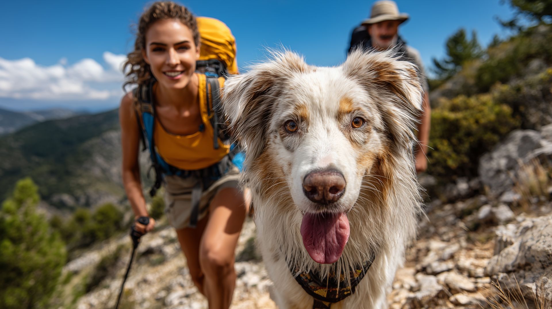 Hiker with backpack and dog on a sunny mountain trail, with another hiker in the background.