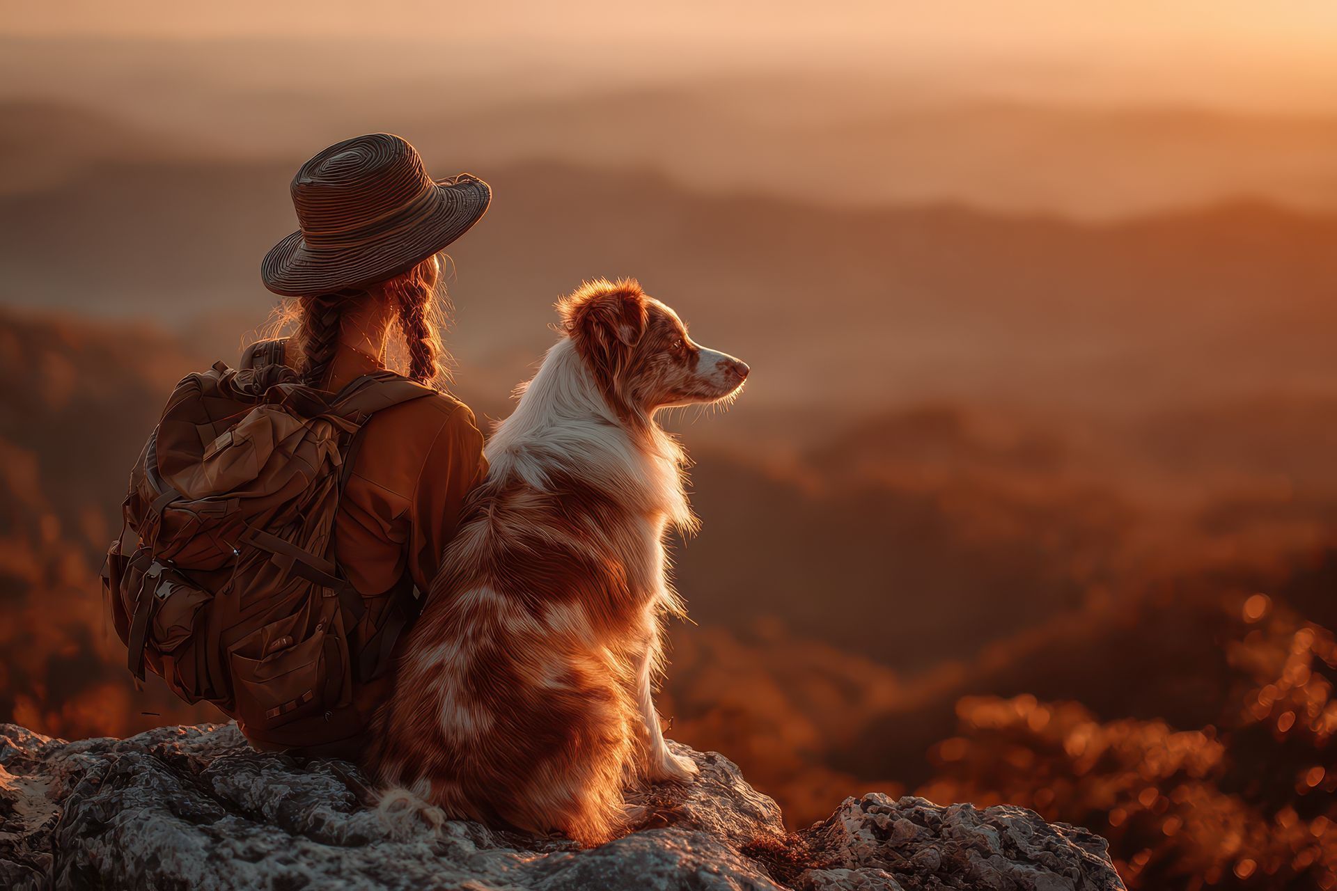Woman in a hat with a dog sitting on a rocky overlook at sunset