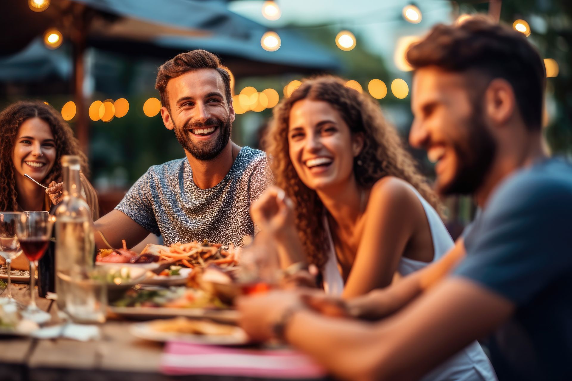 Friends smiling and chatting at a candlelit outdoor dinner with string lights and shared food.