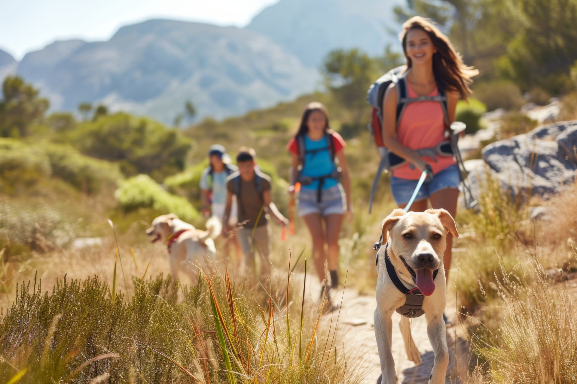 Hikers with dogs walking along a sunny mountain trail with tall grass and rocky hills
