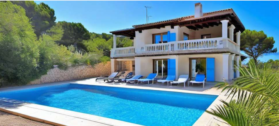 Una casa grande con una gran piscina enfrente.