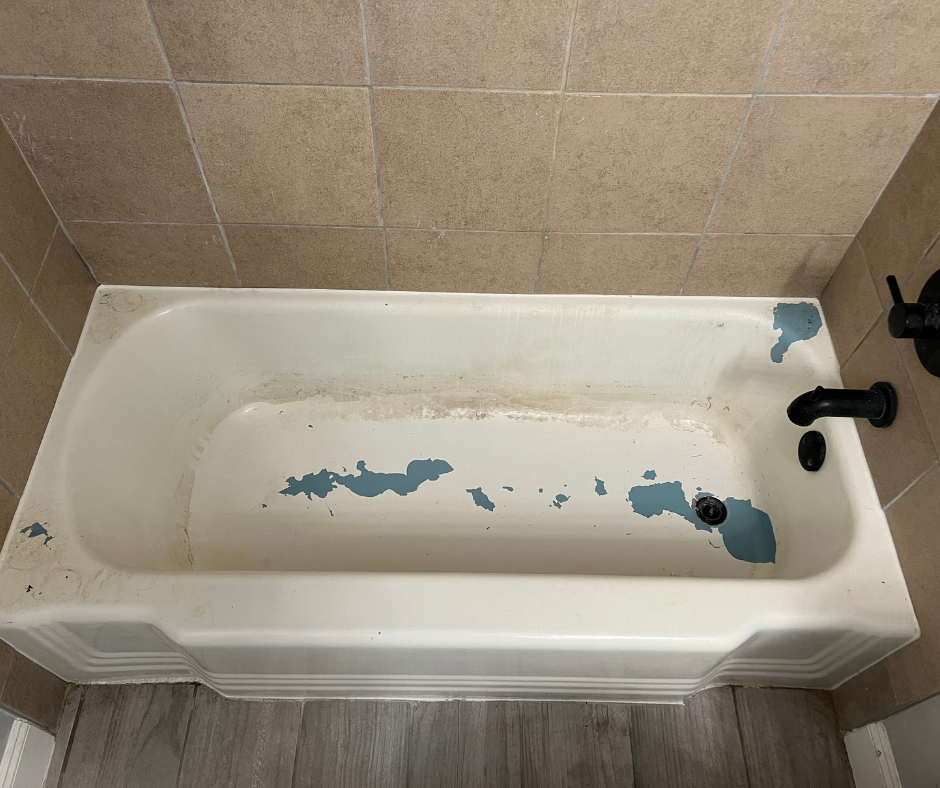 A Bathtub Is Sitting in A Bathroom Next to A Tiled Wall — Inverness, FL — First Class Refinishing 