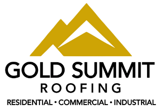 Gold logo with mountain peaks over the words 
