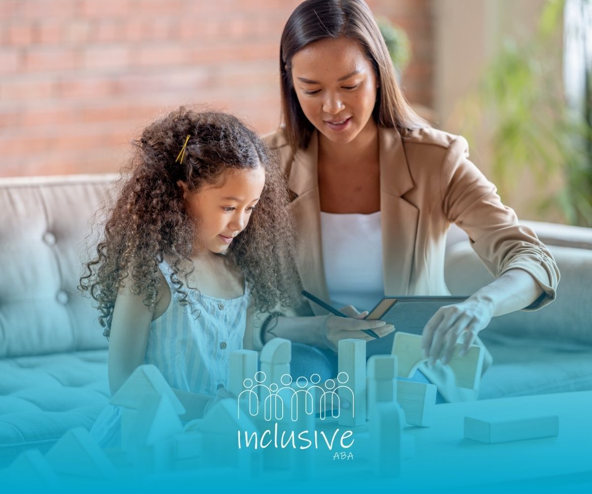 Woman and child assembling a wooden model house on a table with a turquoise “inclusive” overlay.