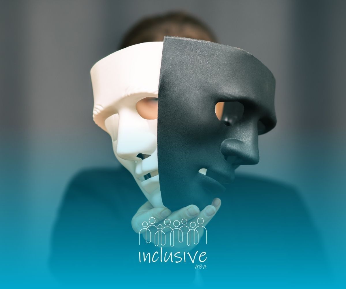 Two overlapping theater masks, one white and one black, with a blurred figure in the background and “inclusive” text below