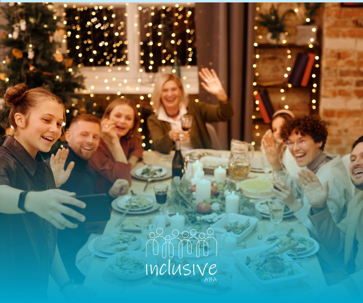 Friends smiling around a festive dinner table with candles and holiday lights