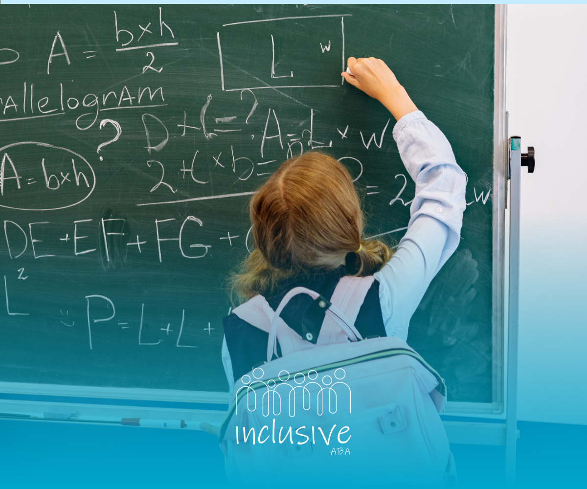 Student writing on a chalkboard in a classroom, with math formulas and diagrams on the board