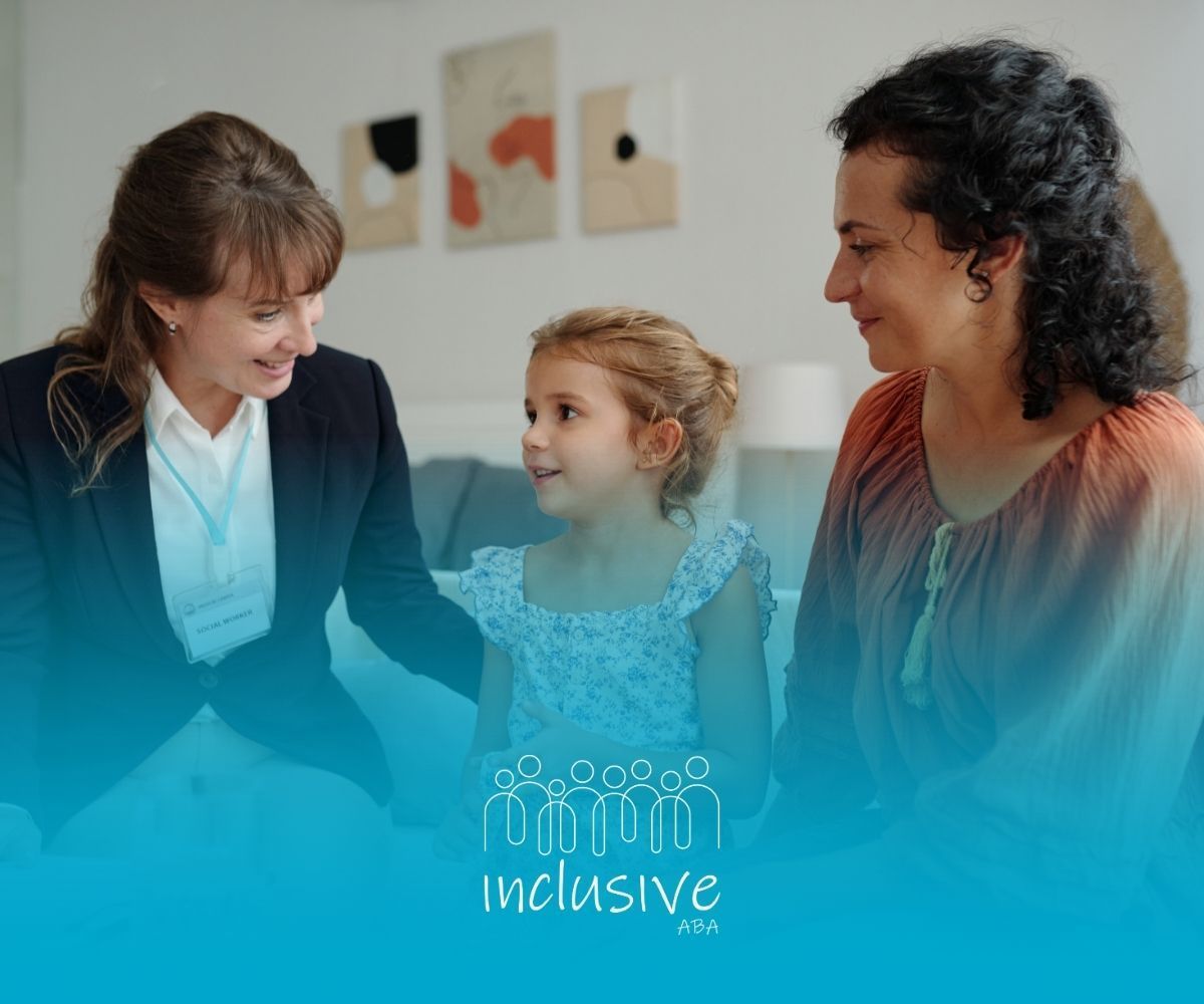 Woman in blazer and mother with child, smiling. Meeting indoors; blue graphic.