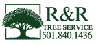 Logo for R&R Tree Service with a tree silhouette in a green box and phone number.