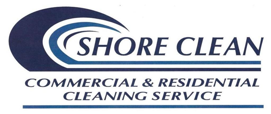 Logo for Shore Clean, a commercial and residential cleaning service, featuring navy blue text and a stylized wave graphic.
