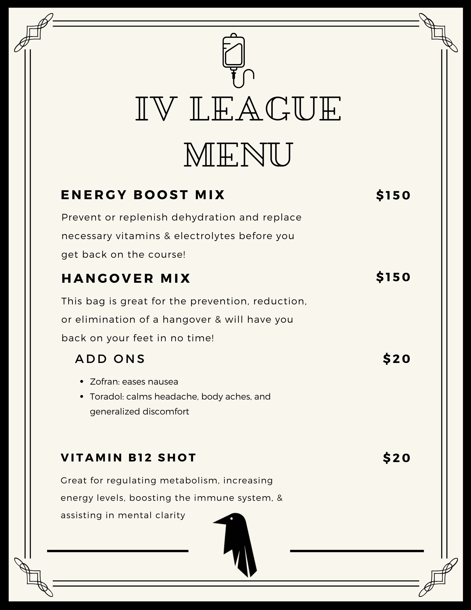 Beige IV League menu with three drinks and prices, framed by decorative border.