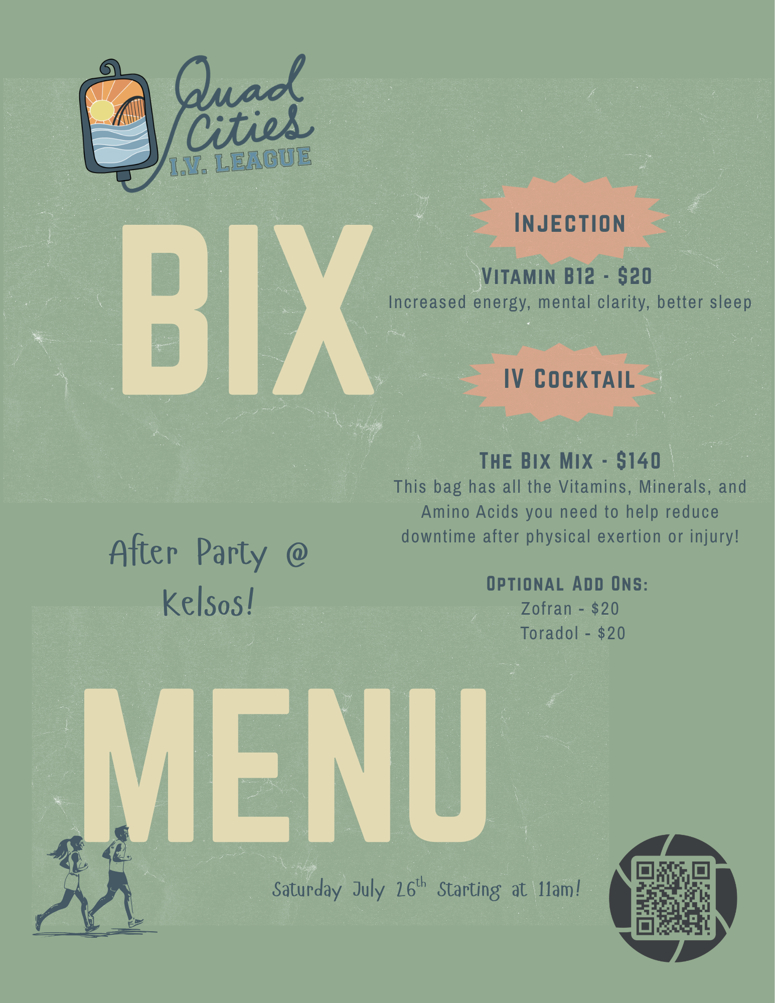 Vintage green menu poster with large “BIX” and “MENU” text, drink listings, and a QR code.