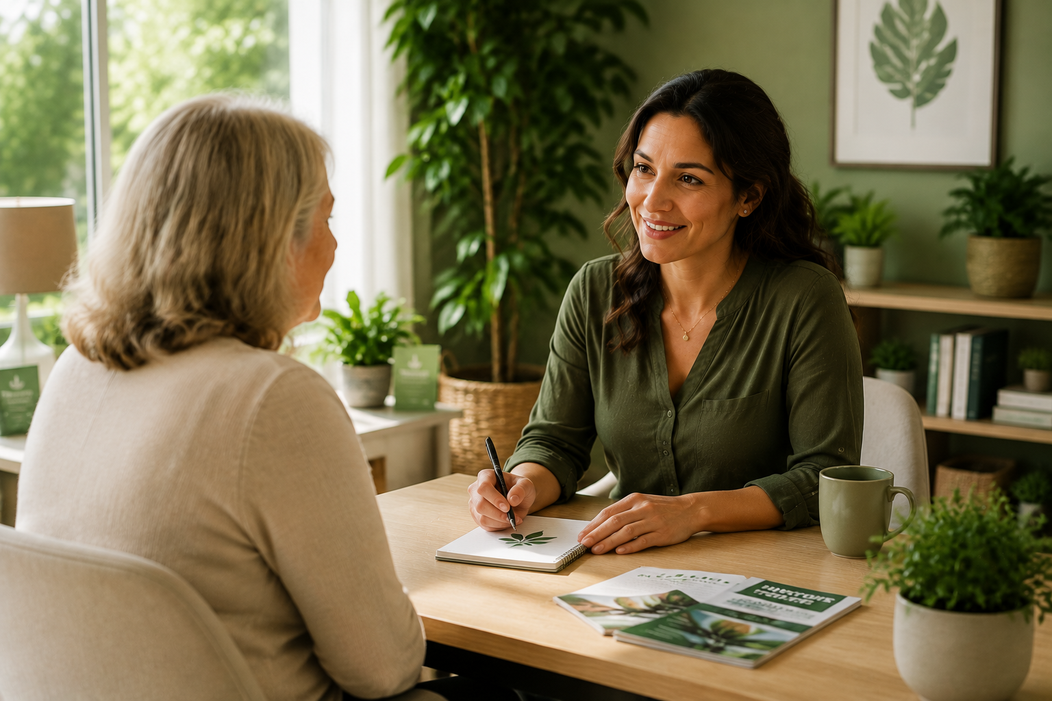 Two women meet at a desk in a bright office, smiling during a friendly consultation.