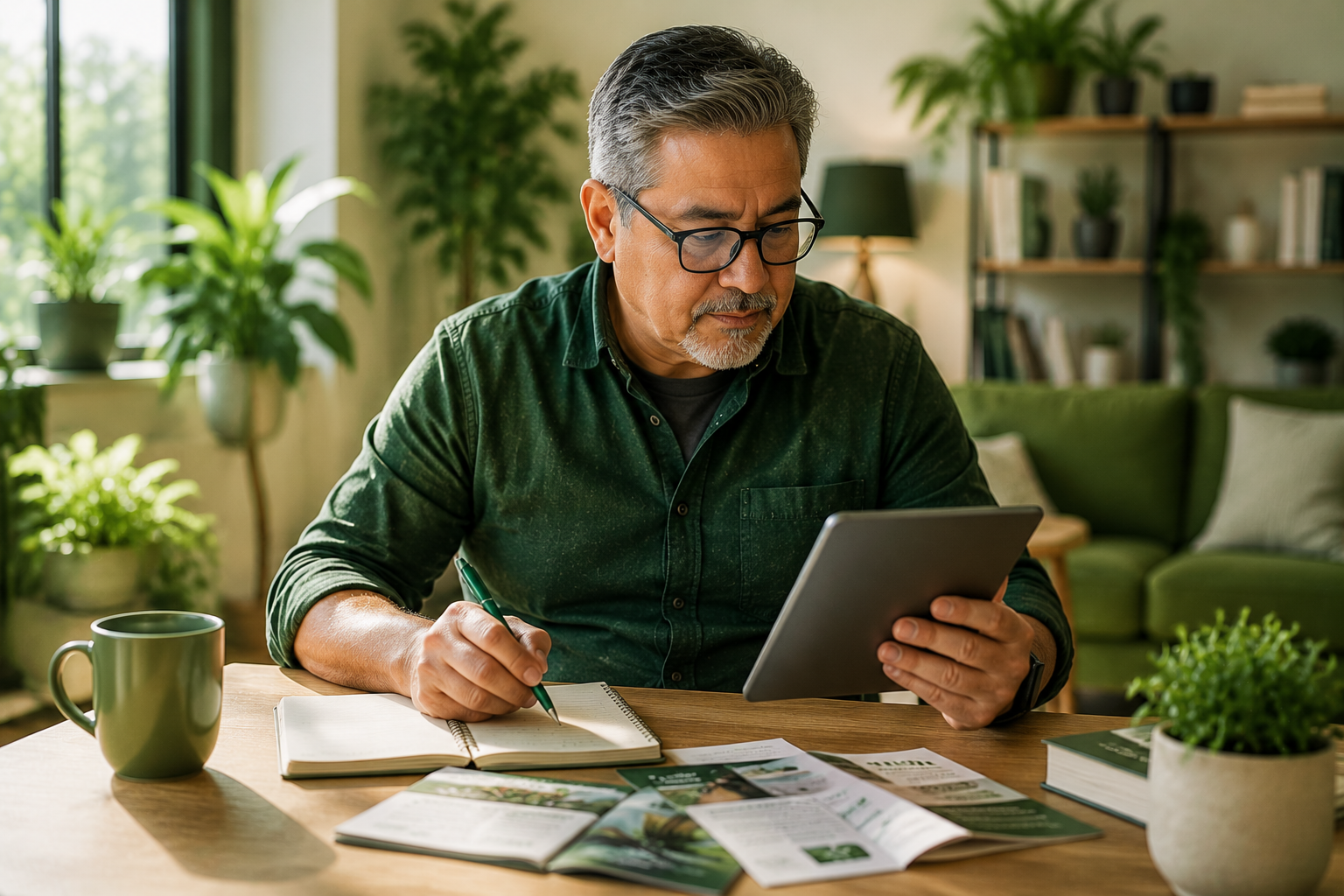 Man using a tablet at a desk with papers, notebook, and coffee mug in a bright home office