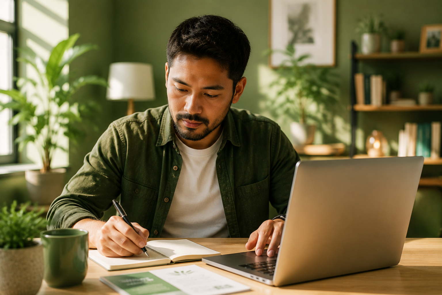 Person writing in a notebook beside a laptop at a wooden desk in a sunlit home office