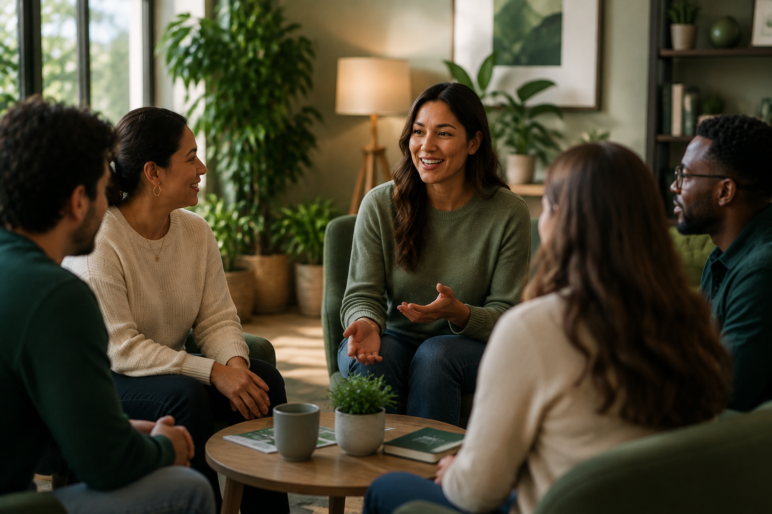 Five people sit in a circle talking in a cozy room with plants and a coffee table.