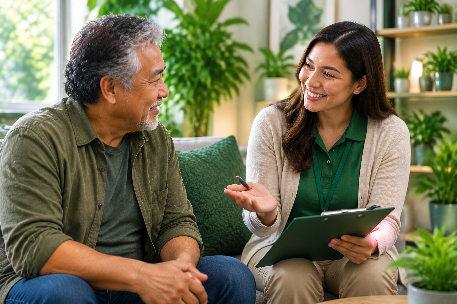 Two people chatting on a couch in a bright indoor room, one holding a tablet and smiling.