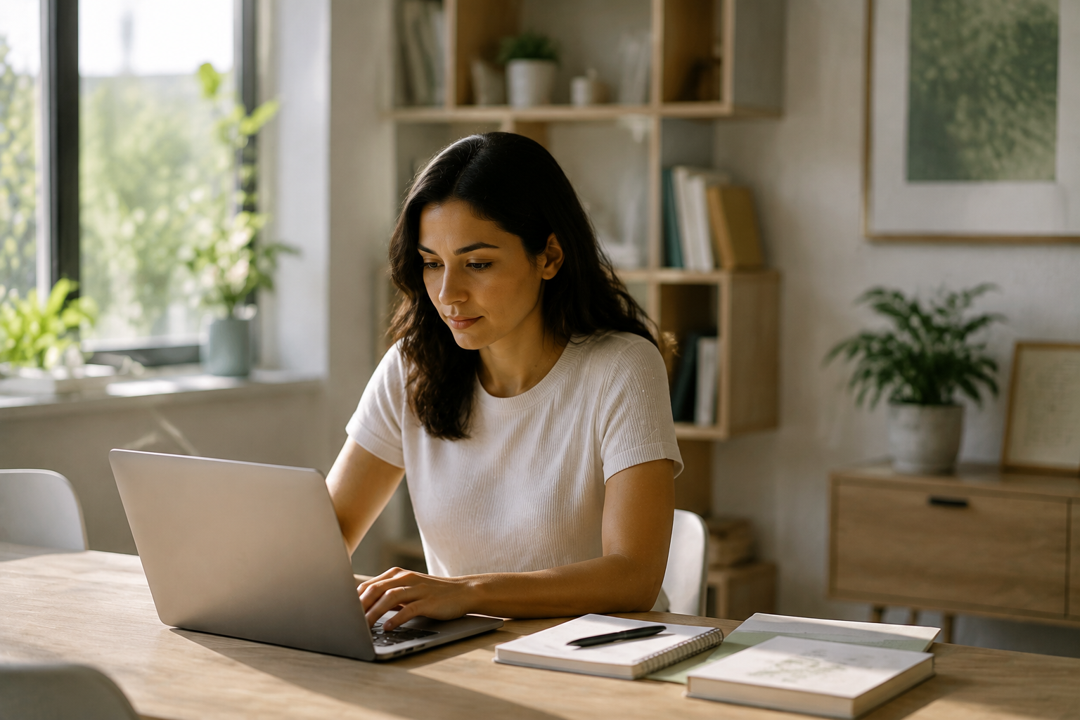 Woman working on a laptop at a wooden desk in a bright home office.