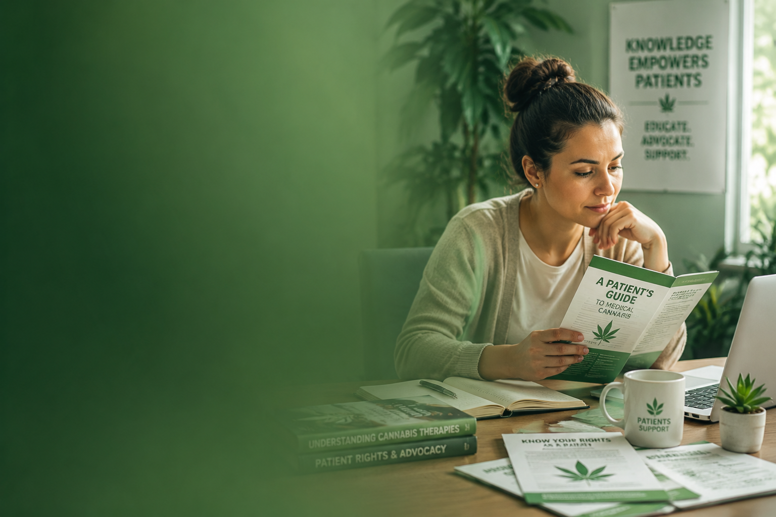Woman reading a cannabis-themed booklet at a desk with green products and potted plants