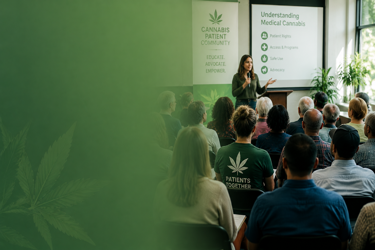 Speaker presenting at a green-themed conference to an audience seated in a hall