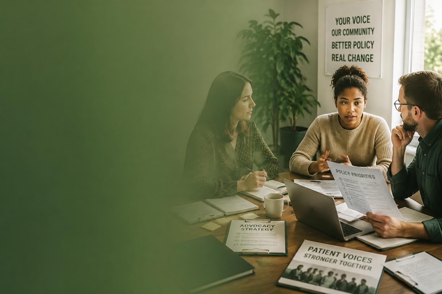 Three people discussing papers around a table in a green-lit office meeting room