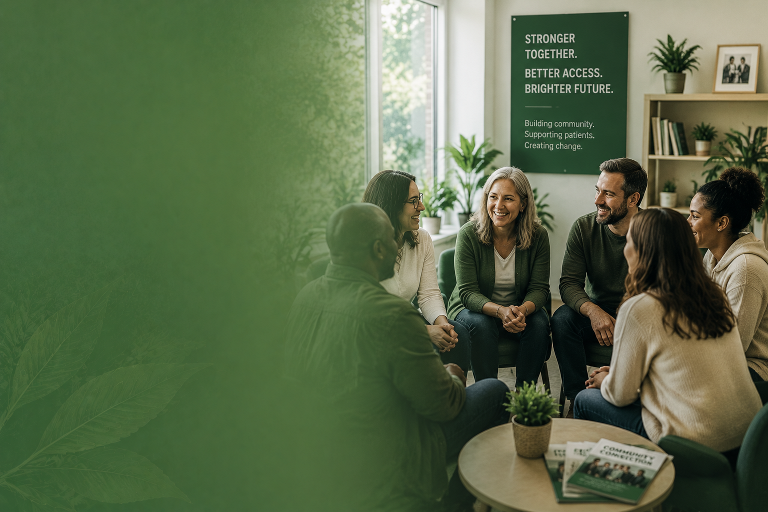 Small group meeting in a green-walled room, seated around a table with a chalkboard sign and plants.