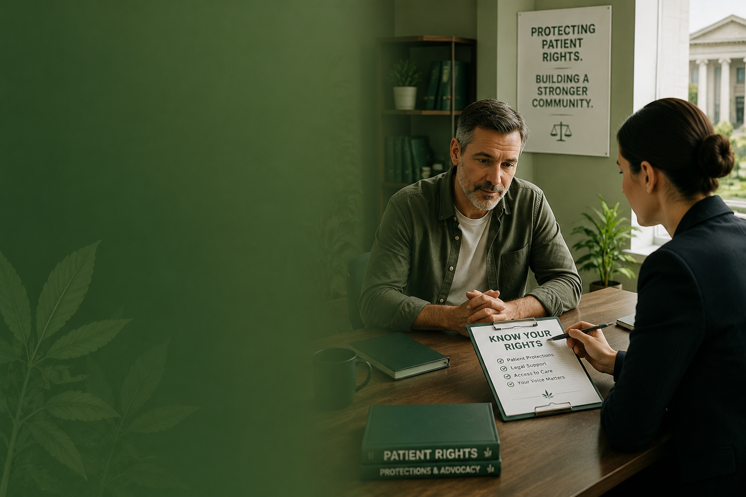 Two people discuss paperwork across a desk in a green office with a sign and bookshelf.