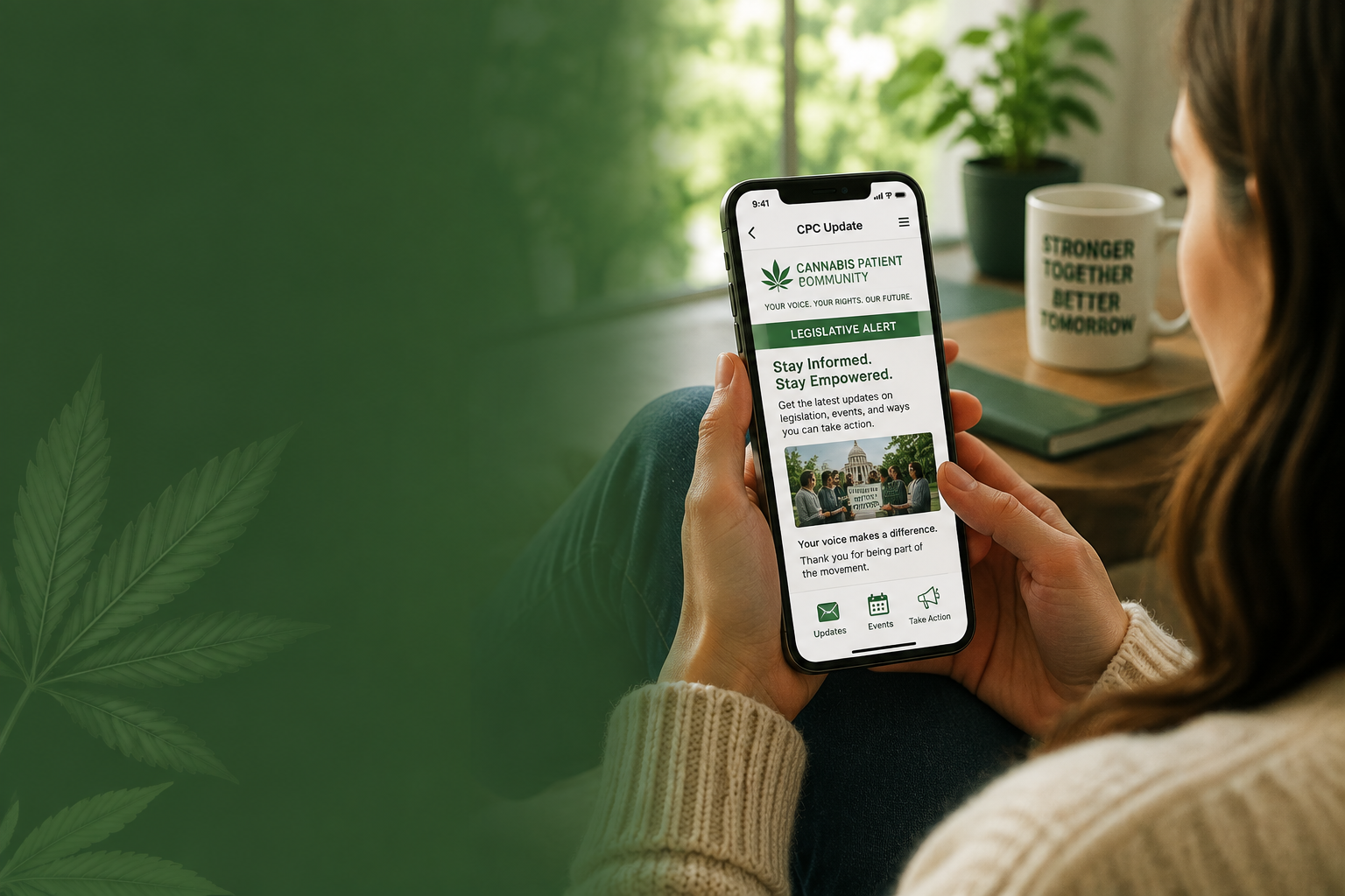 Person holding a smartphone with a plant app open, seated by a window with a small potted plant nearby.