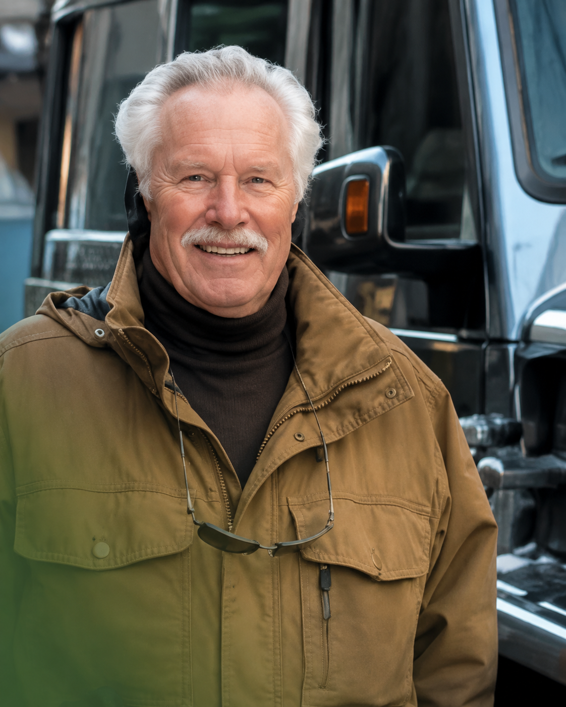 Smiling man in a tan jacket standing beside a black truck outdoors