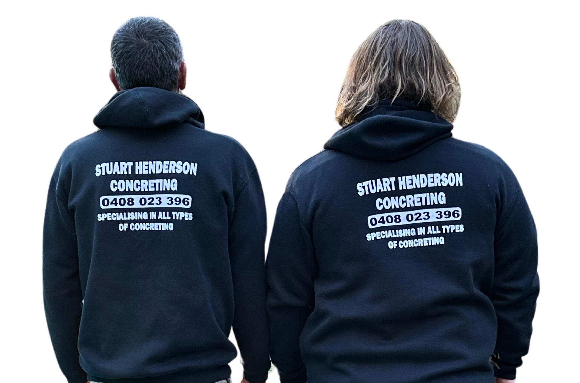 Two people wearing navy hoodies with white campaign text, seen from behind against a white background