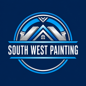 South West Painting logo in blue and silver with stylized house roof emblem and bold text