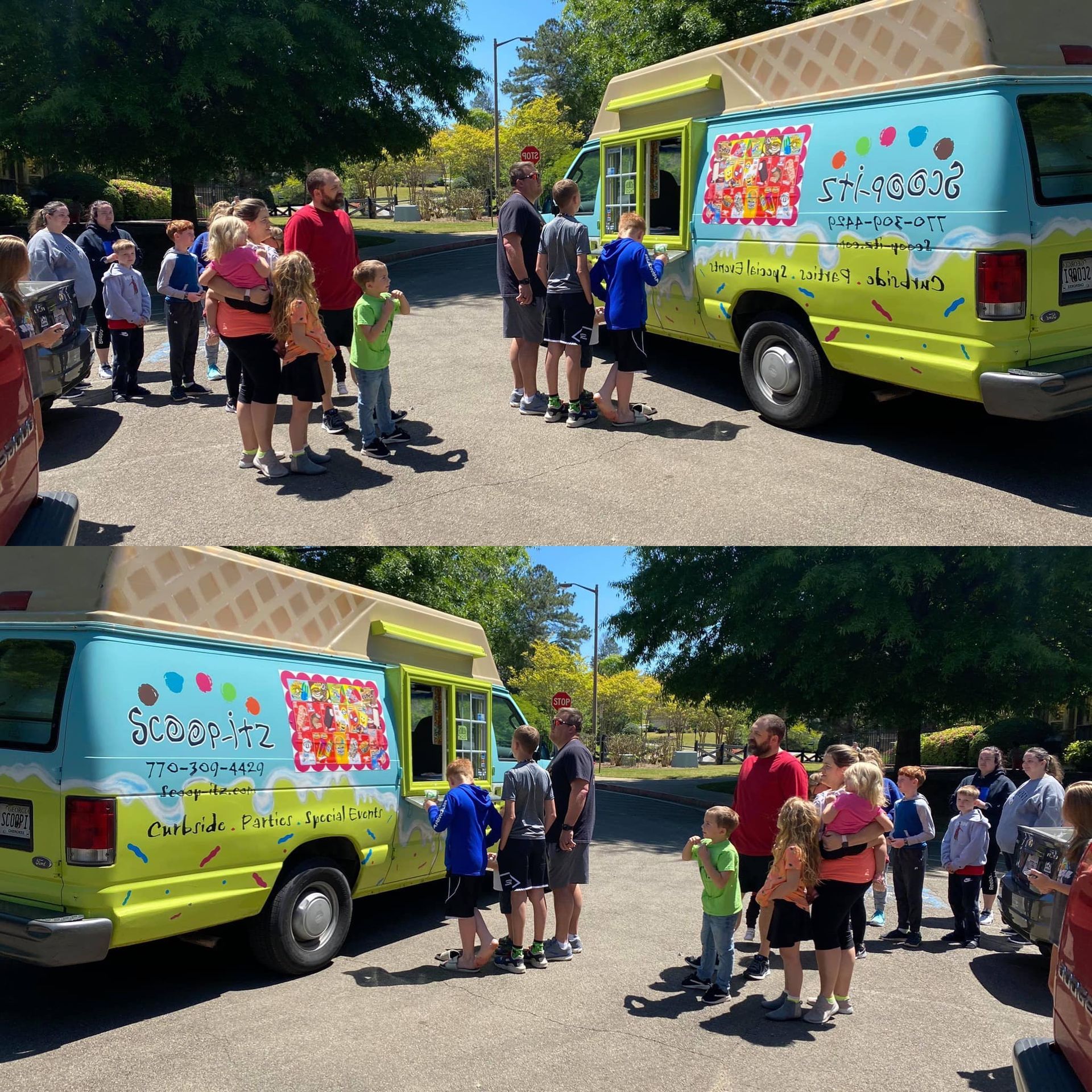 Two views of people queuing at a bright, colorful ice cream truck parked on an asphalt lot on a sunny day.