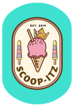 Logo for Scoop-Itz ice cream shop with a pink ice cream cone, crown, and popsicles.