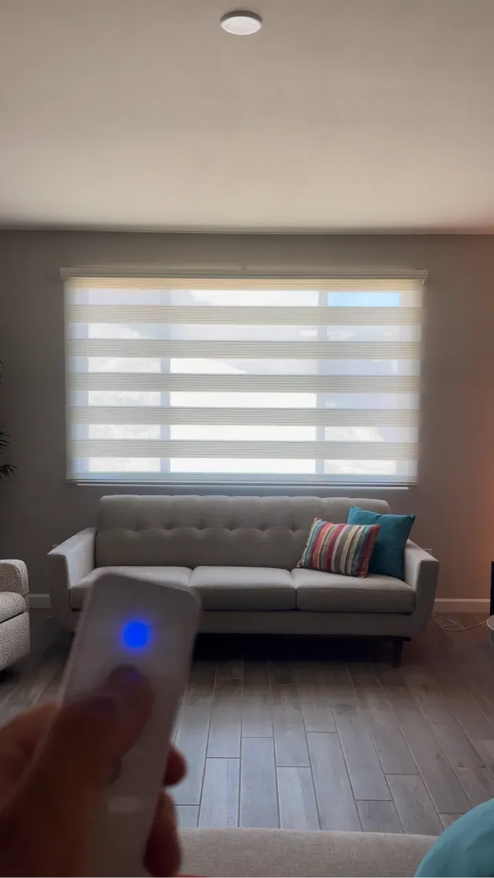Hand holding a remote control, aiming it at a window with horizontal blinds, over a couch in a living room.