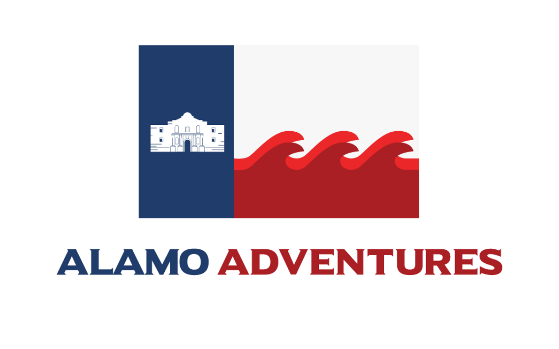 Logo for Alamo Adventures: Texas flag with the Alamo, waves, and text.
