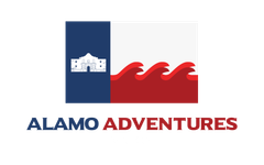 Logo for Alamo Adventures: Texas flag with the Alamo, waves, and text.