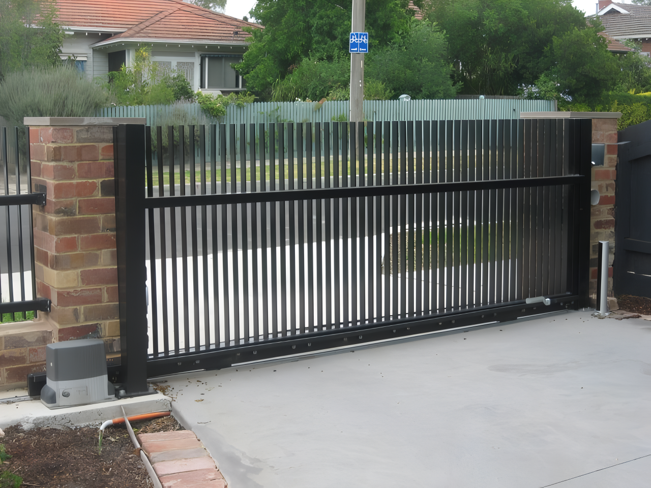 Black metal sliding gate set in brick pillars, concrete driveway.