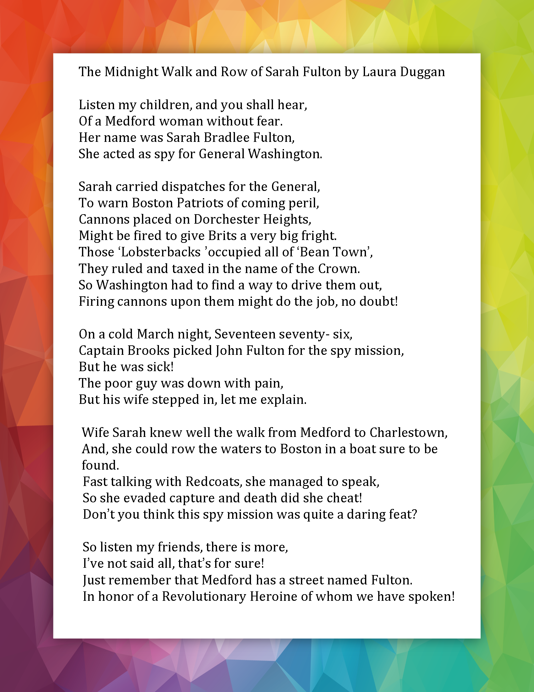 A piece of paper with a rainbow background and a bunch of text on it.