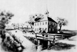 A black and white drawing of a church on a bridge over a stream.